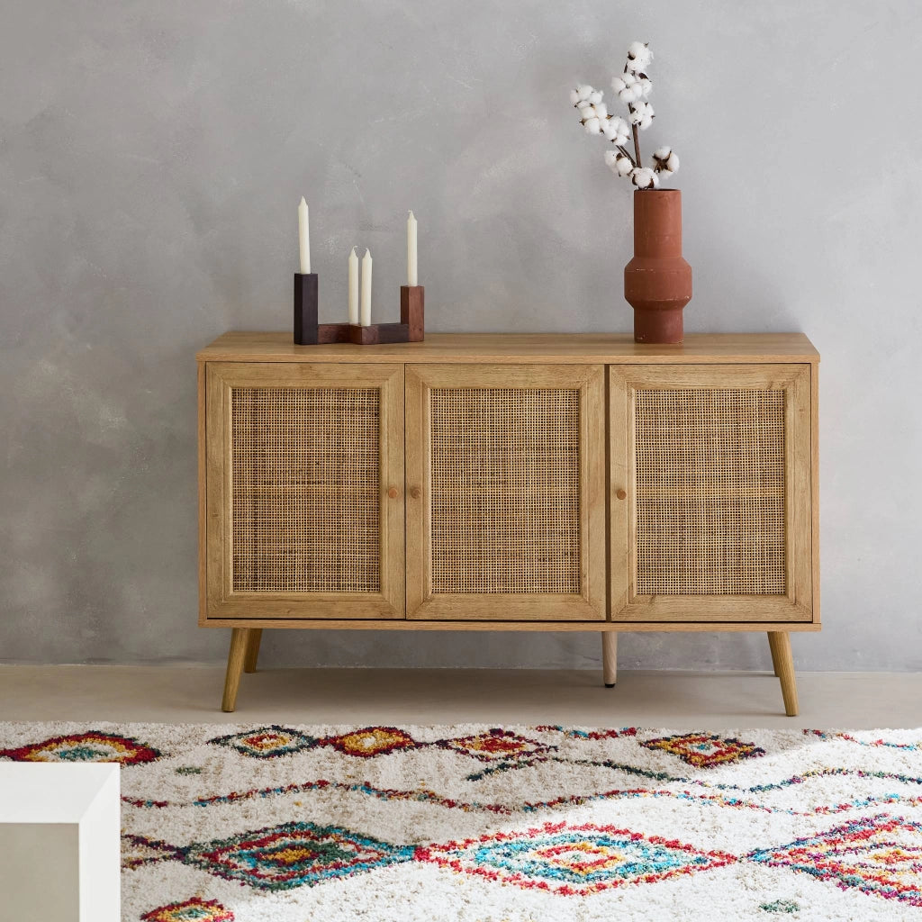 Credenza 3 ante in cannage, 120 cm, marrone naturale