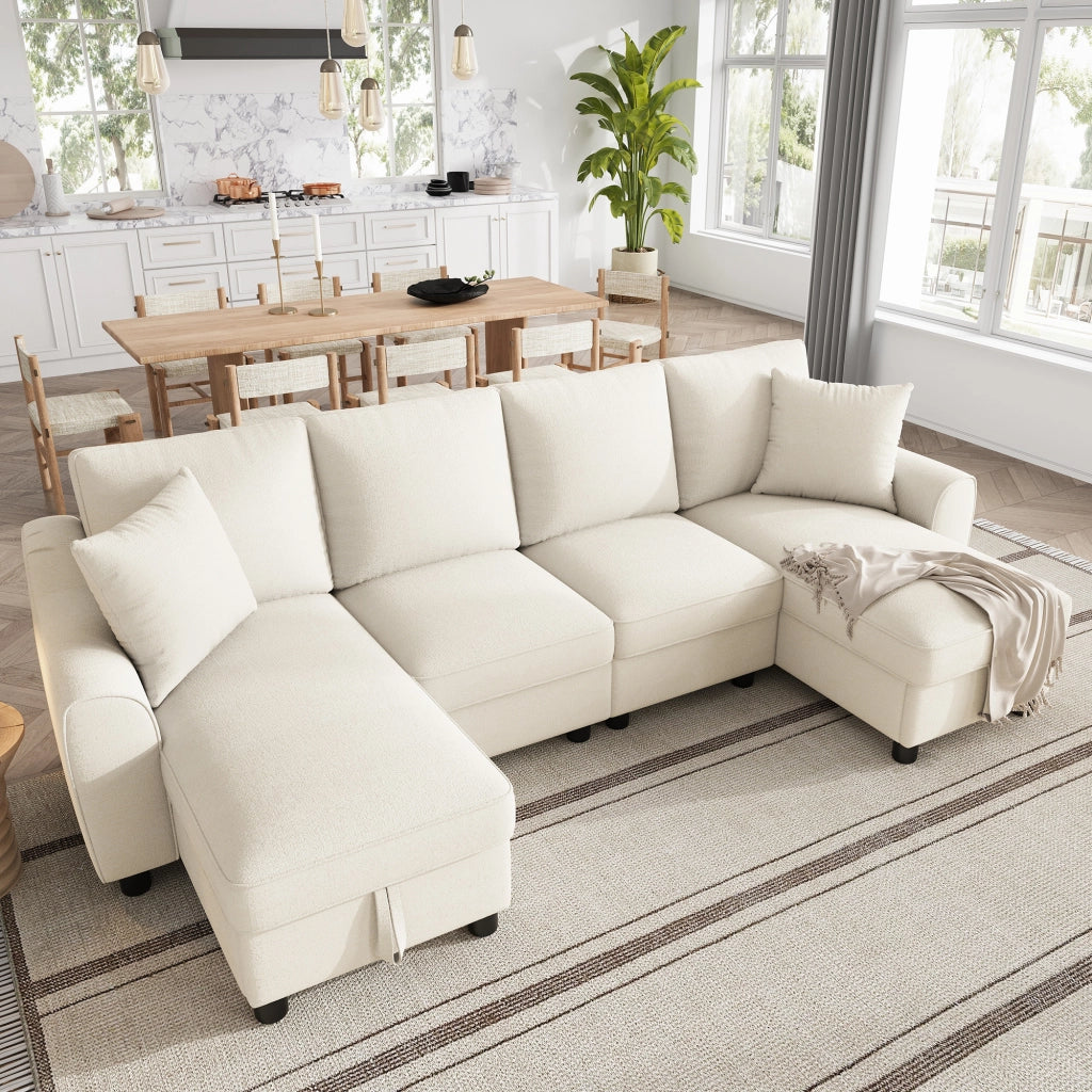 Divano panoramico a U modulare con contenitore e cuscini in chenille beige 280 × 137 × 84 cm