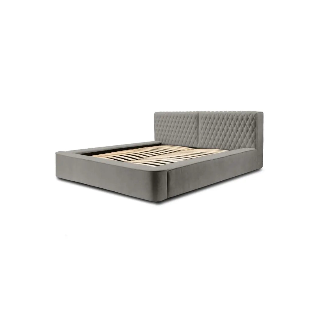 Letto contenitore VERNON – Tessuto ciniglia bouclé cenere taupe – 180x200 cm – Rete sollevabile – Design di alta gamma