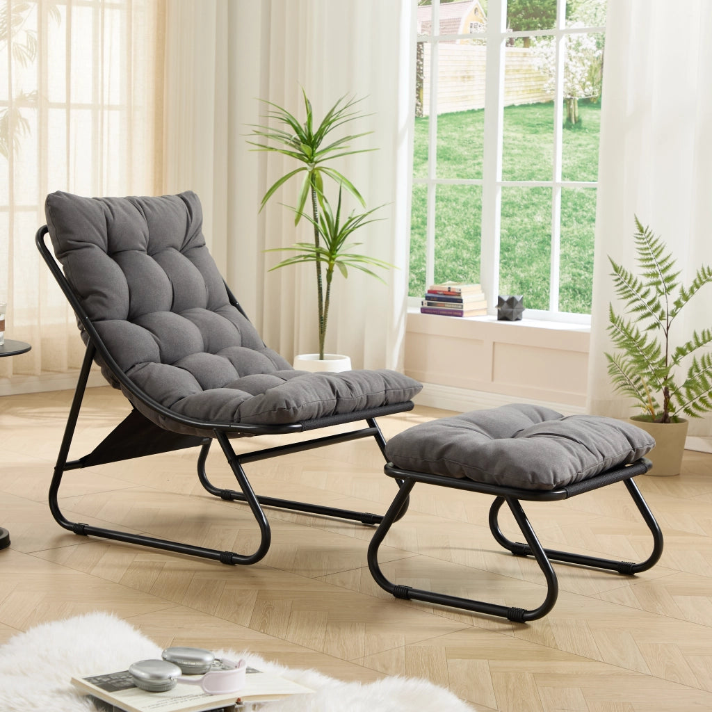 Sedia da patio esterno con pouf poltrona reclinabile comoda con morbido cuscino e poggiapiedi ideali per soggiorno camera da letto sala lettura telaio nero e cuscino grigio