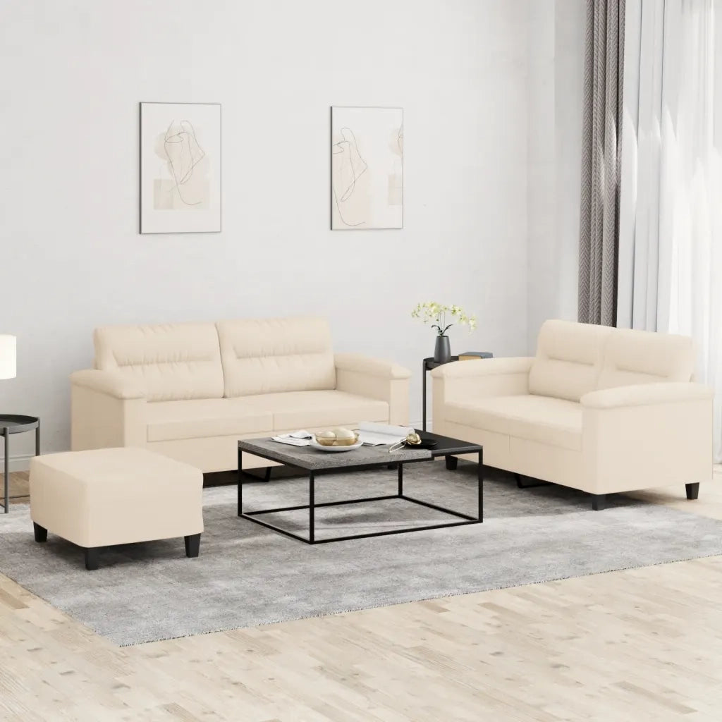 Set Divani 3 pz con Cuscini Beige in Tessuto Microfibra