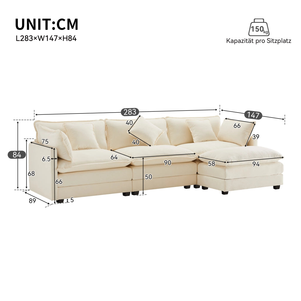 Divano angolare a 3 posti in chenille con pouf mobile e cuscini lombari per relax, beige 283 × 147 × 84 cm