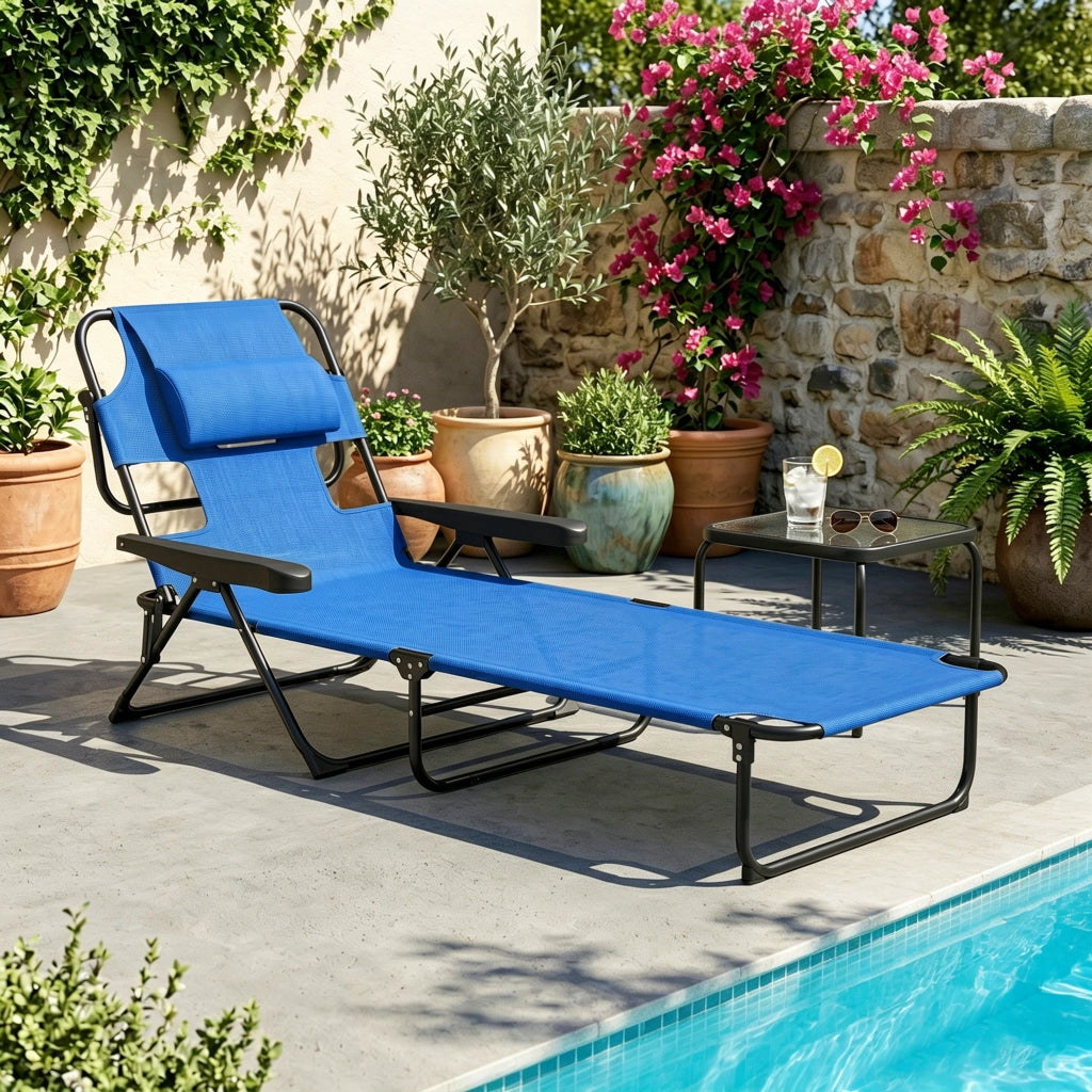 Sdraio da Giardino Pieghevole con Schienale Regolabile, Cuscino e Foro per Viso, Blu Scuro