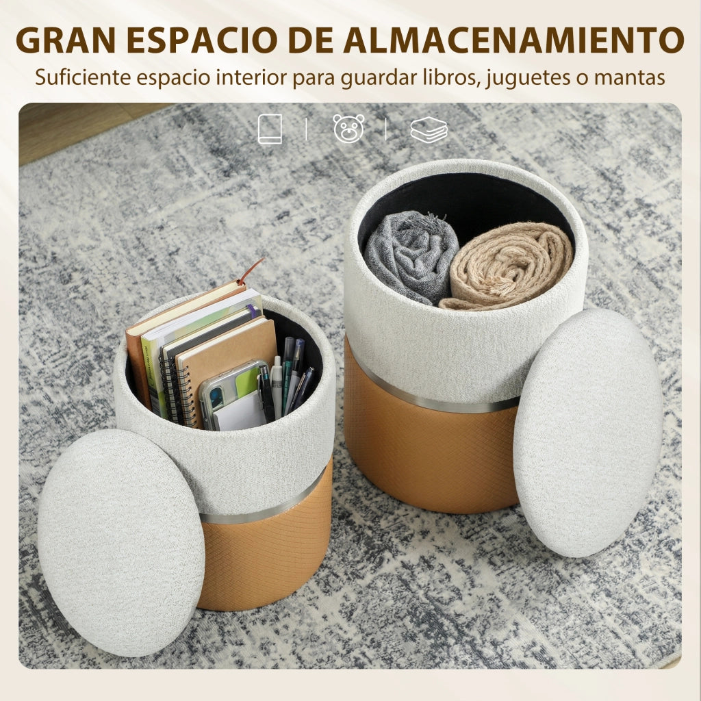 Set 2 Pouf Contenitore ¨C Xylo ¨C Rivestimento Chenilla e Similpelle Marrone e Crema