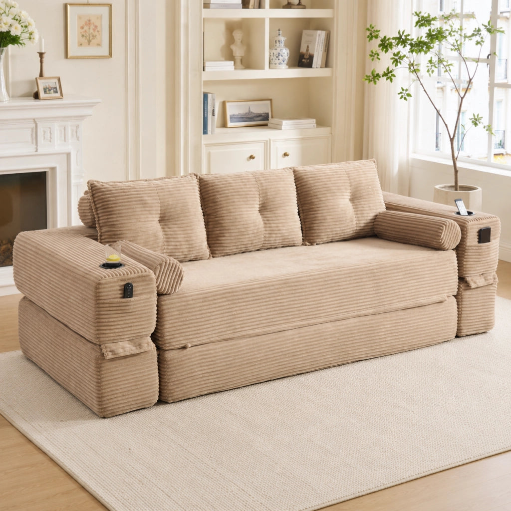 Divano Letto 3 Posti Pieghevole con Cuscini e Portabicchieri ¨C MINIMAL ¨C Tessuto a Coste