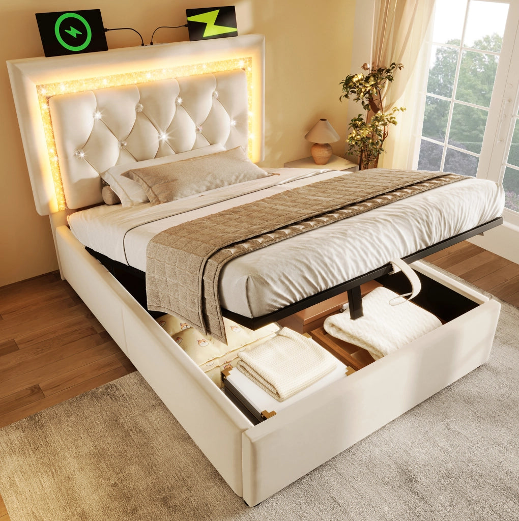 Letto singolo 90x200 cm con contenitore; LED e porta USB C; velluto beige