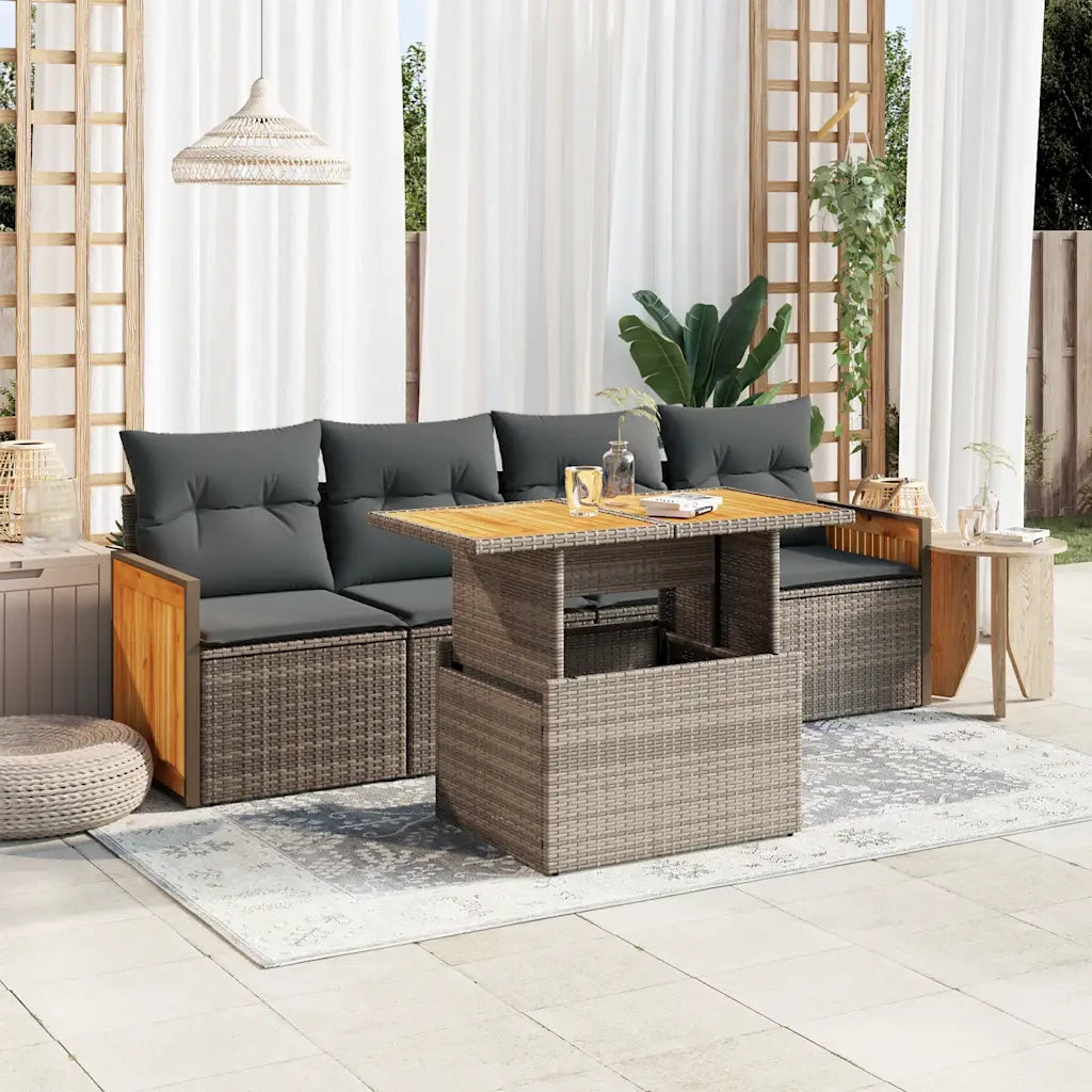 Set Divano Giardino 5 pz | Set Salotto da Giardino con Cuscini Grigio Polyrattan Acacia