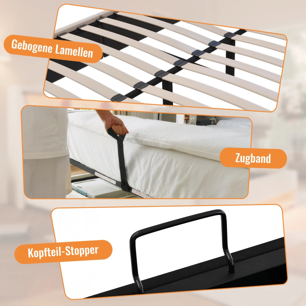 LETTO Contenitore 140x200 cm in lino beige con portabicchieri e USB
