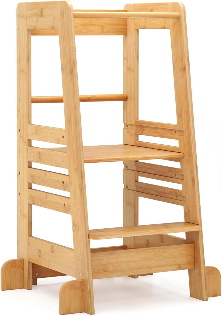 Torre Montessoriana in Bambù, Torre di Apprendimento con 4 Altezze Regolabili, Barra di Sicurezza e Piedini Antiribaltamento, Sgabello da Cucina per Bambini 18+ Mesi