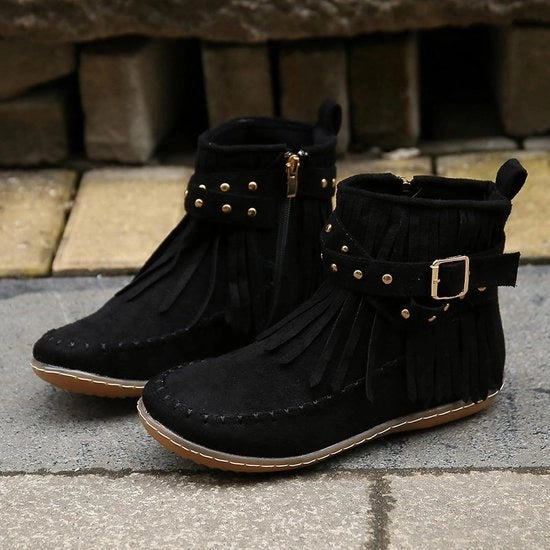 Stivali da Neve Unisex - Moda a Frange - Inverno - Lacci Laterali - Nero - Cintura Ronde - Adatti alle Donne - 41 UE.