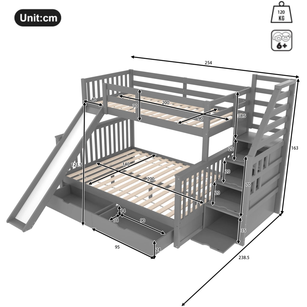 Letto a castello 90x200/140x200 con scivolo, cassetti e scala grigio