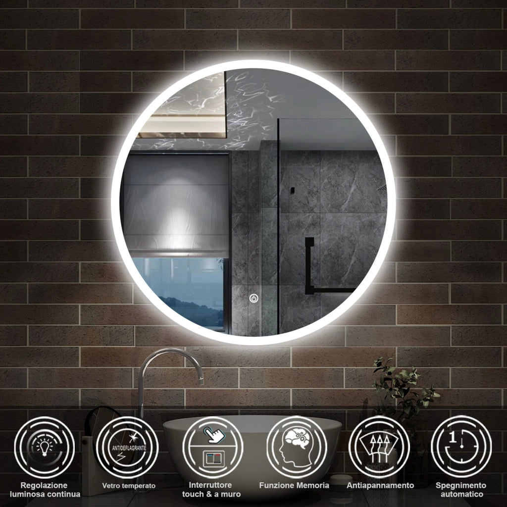 specchio 90 cm rotondo con luce led antiappannamento e touch