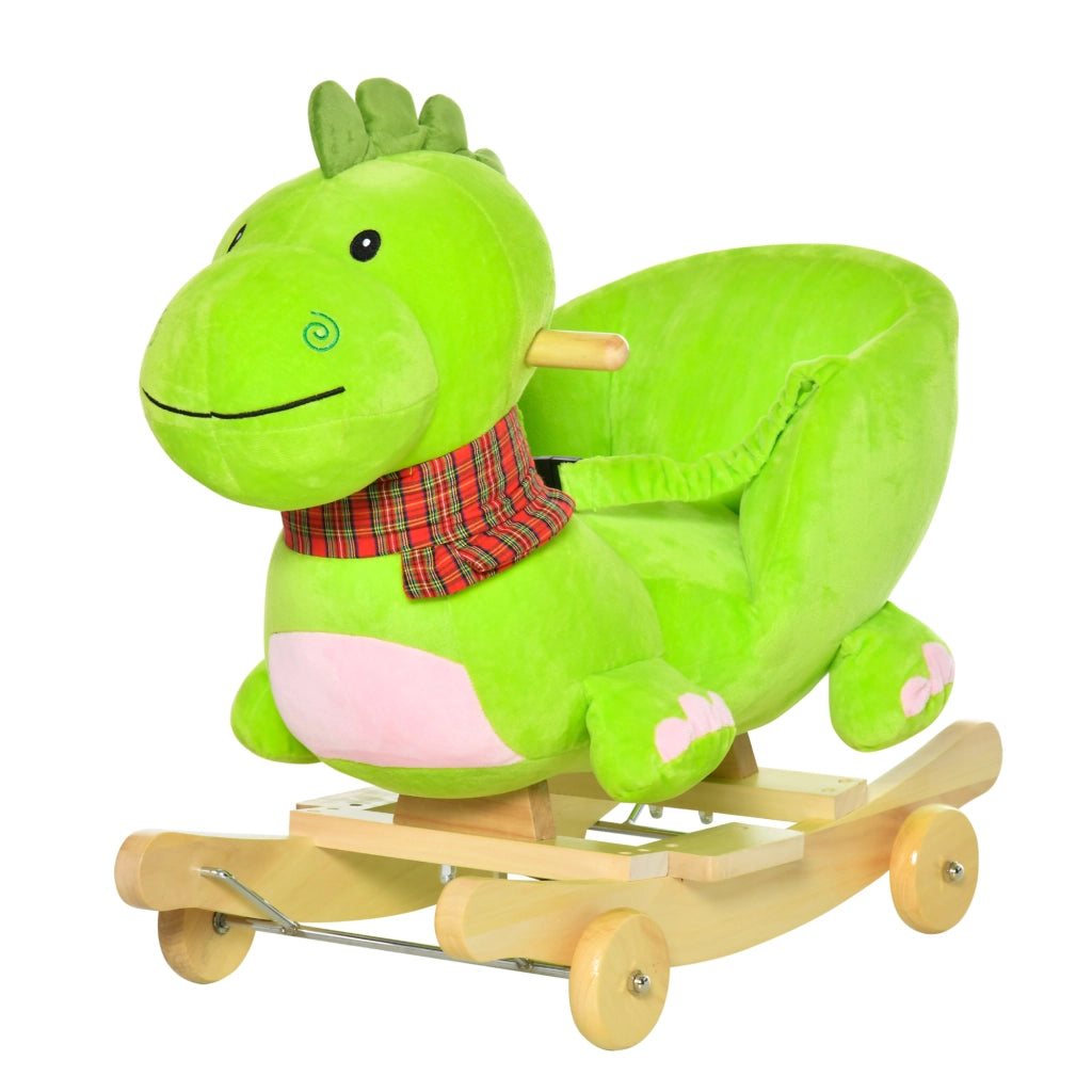 Cavallo a Dondolo con Ruote a Forma di Drago ¨C Minimal ¨C Legno e Peluche Verde