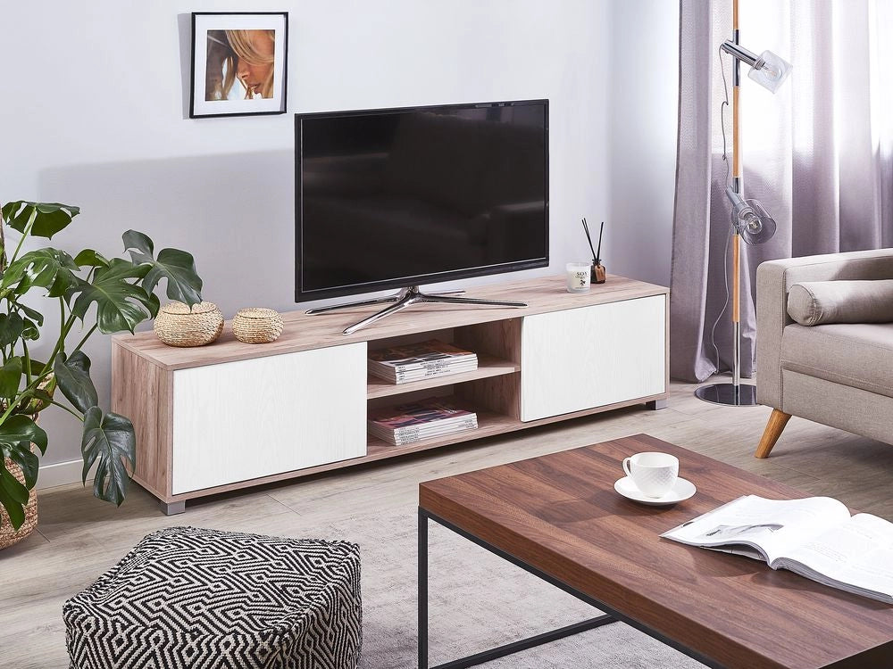 Mobile TV Legno chiaro Bianco Fino a 81ʺ TV Consigliata Gestione dei cavi 2 ripiani 2 armadi Minimalista