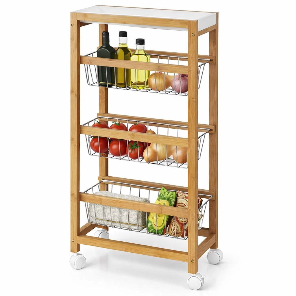 Carrello Cucina Slim Salvaspazio in Bambù con ruote 3 Cestelli e Vassoio