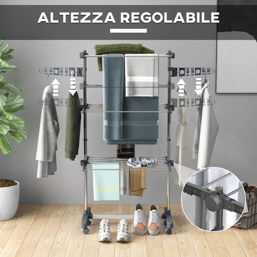 Stendino Verticale 3 Ripiani Regolabili ¨C Minimal ¨C Grigio Argento Acciaio Plastica 142x55x152 cm