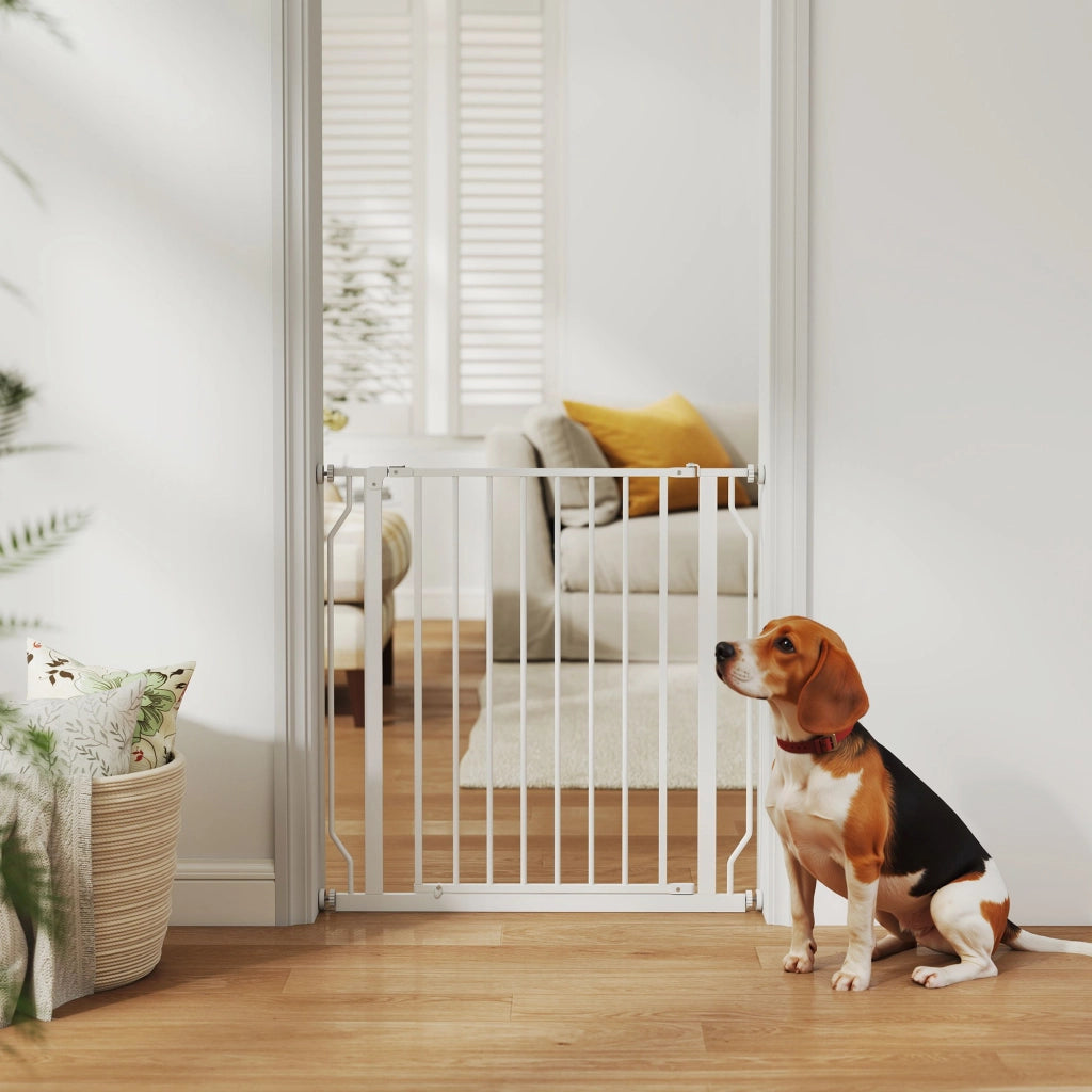 Cancelletto per Cani Estensibile e Regolabile per Scale e Porte. in Acciaio e ABS. 75-85x76 cm. Bianco