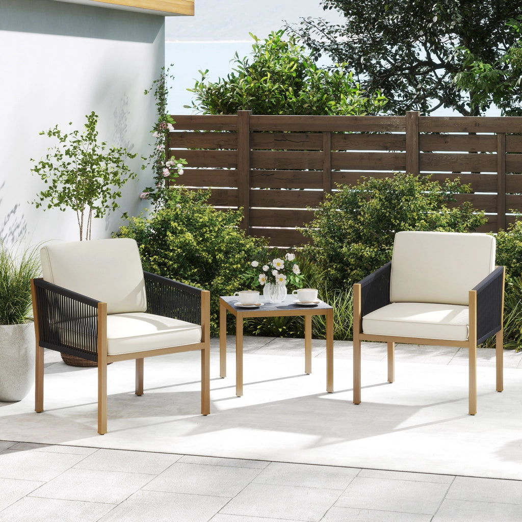 Set bistro da esterno 3 pezzi con corde intrecciate e cuscini, Tavolo e sedie per patio balcone terrazza e giardino Beige