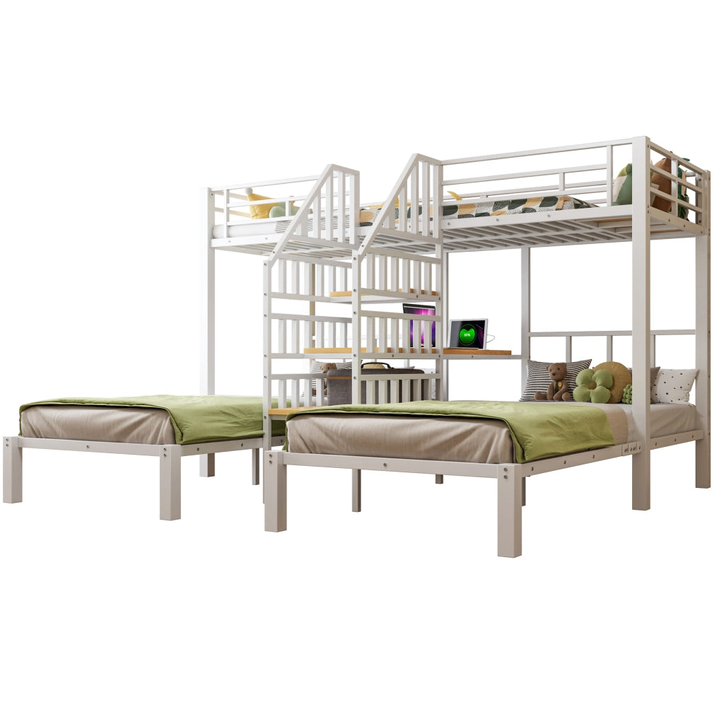 Letto a soppalco 3 posti con LED; scrivania; ripiani; USB e presa; senza materasso; 90×200 cm