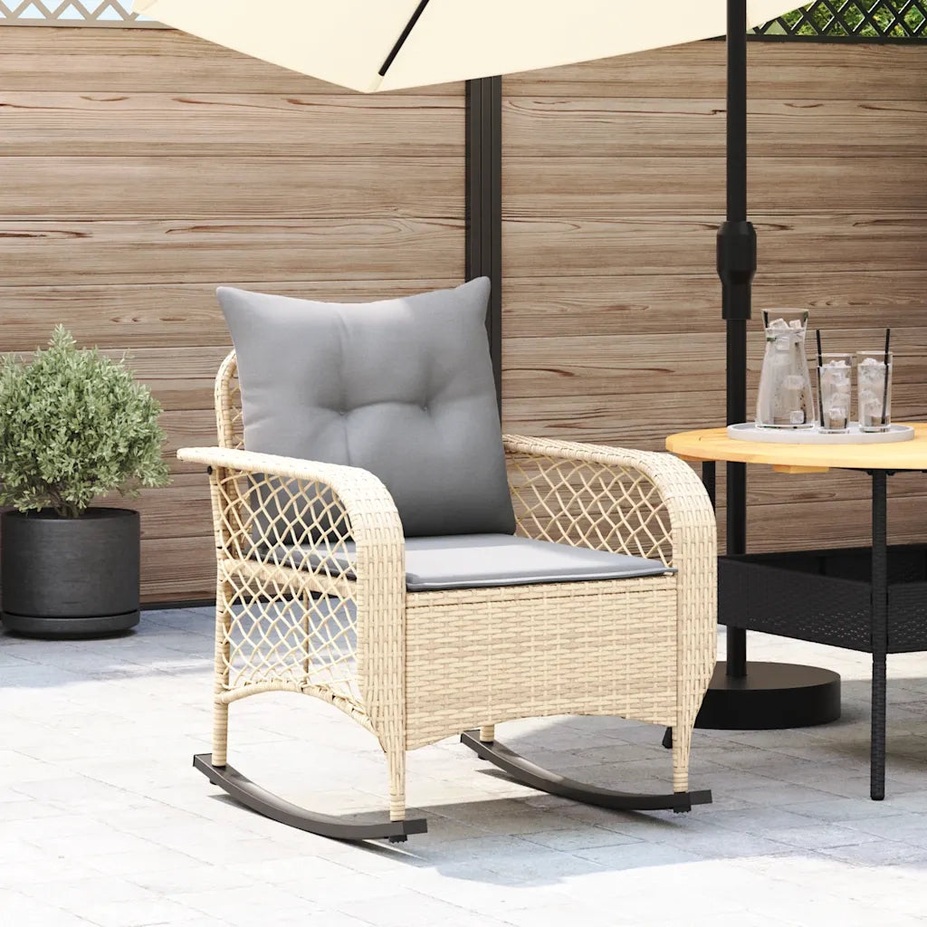 Sedia a Dondolo da Giardino con Cuscini in Polyrattan Beige 4104196