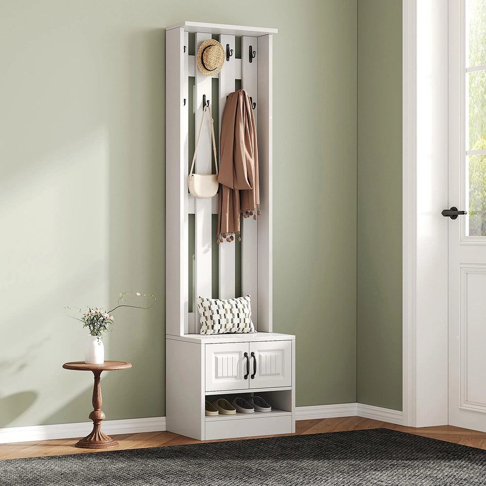Panchina appendiabiti ingresso 50x36x190 cm - Xylo - 2 ante, schienale con 8 ganci, bianco