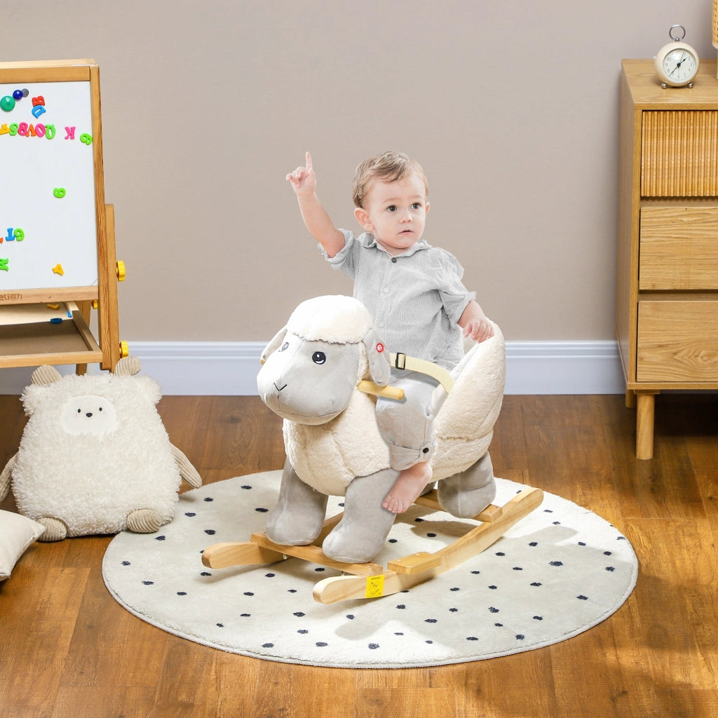Cavallo a Dondolo per Bambini in Legno e Peluche Pecorella Grigio