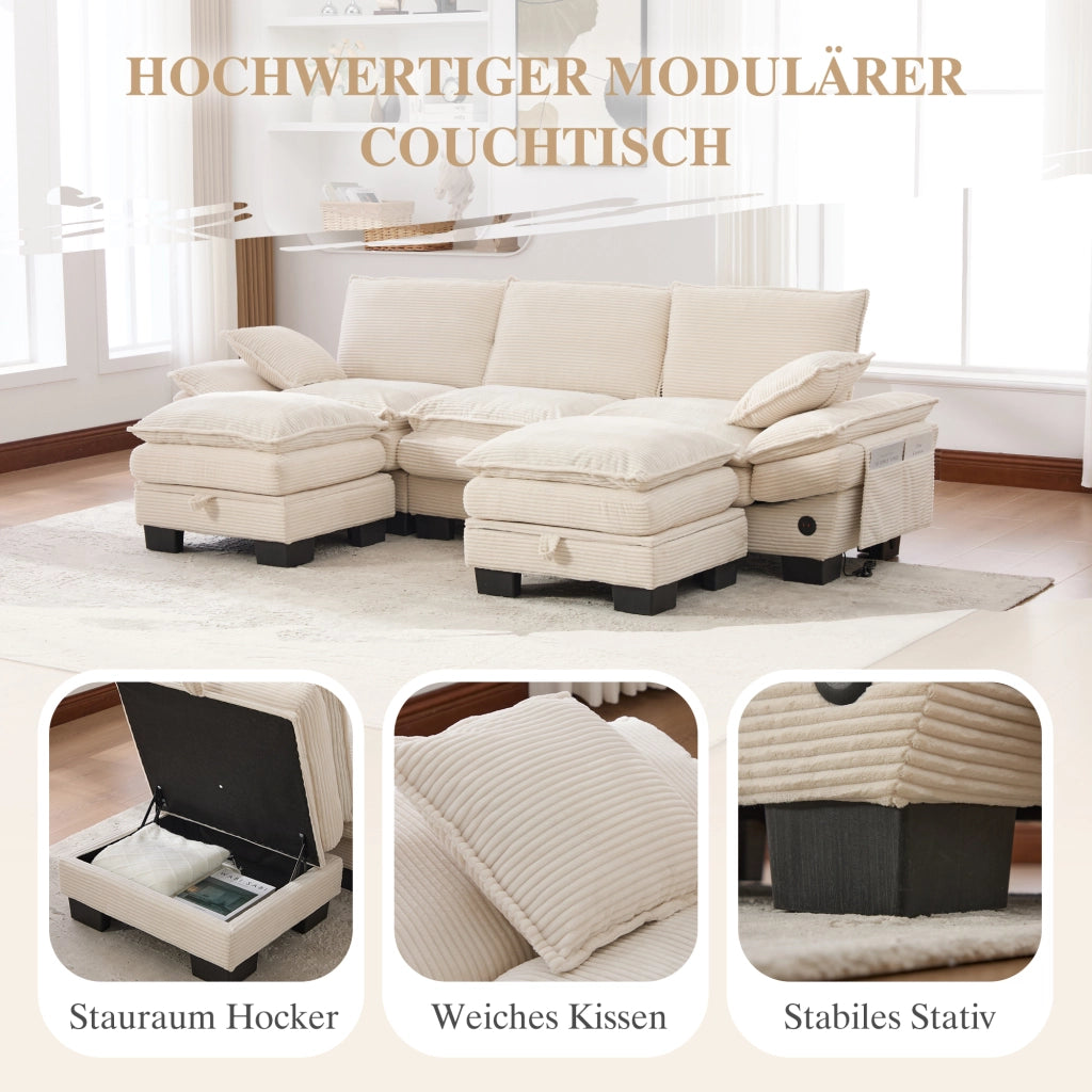 DIVANO Modulare 3 posti 260x132x84 cm in Corduroy Beige con 2 Pouf