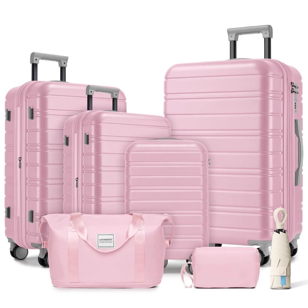 Set di valigie rigide espandibili a 6 pezzi con borsa weekender e beauty case in abs rosa