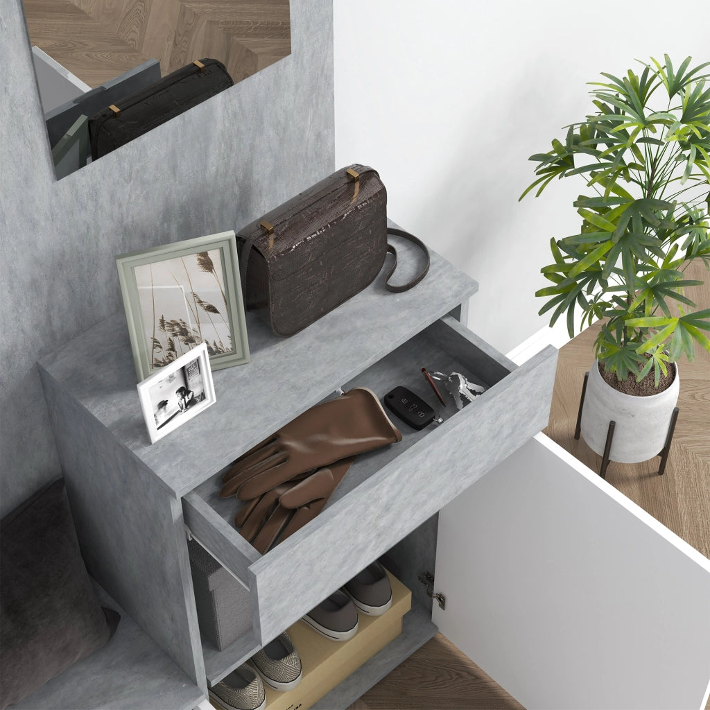 Mobile Ingresso con Specchio, Ganci e Ripiani ¨C Zephmum ¨C Grigio e Bianco, Legno, 145x29x184 cm