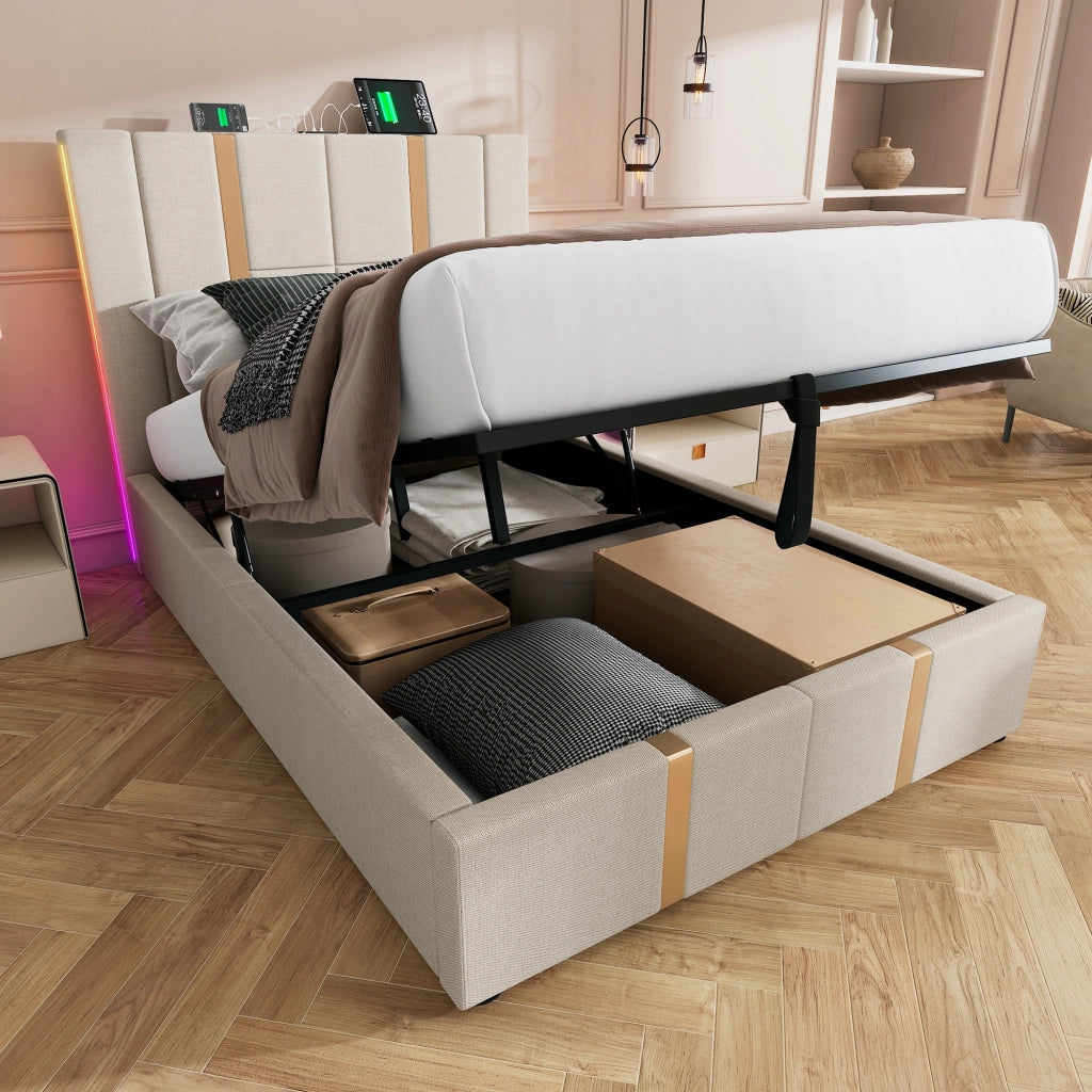 Letto imbottito 90x200 - Xylo - Beige, USB-C e LED