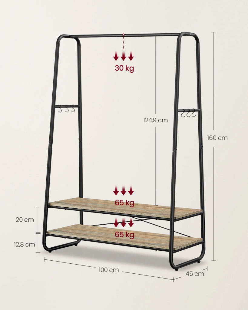 Appendiabiti in stile industriale 45 x 100 x 160 cm robusto con 2 ripiani 6 ganci a S struttura in acciaio per camera da letto stile industriale marrone 12_0006994