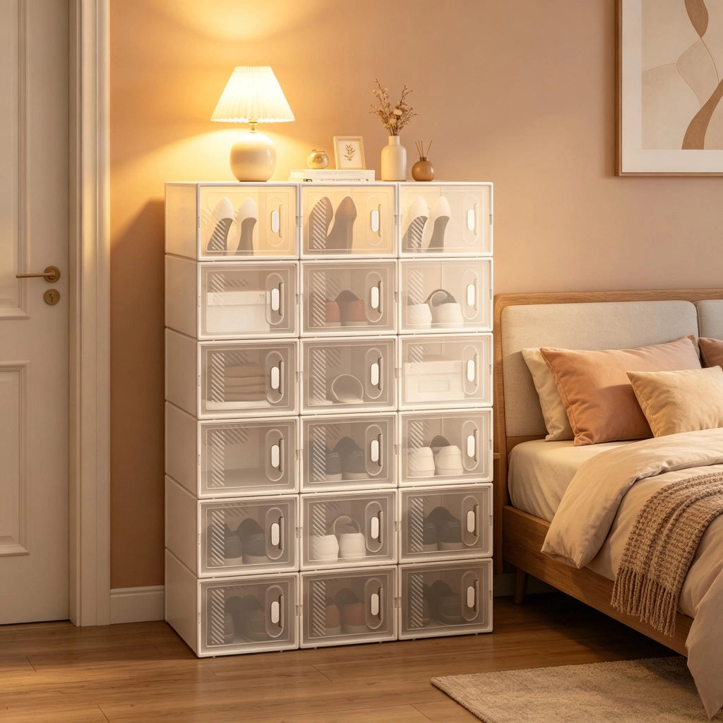 Scarpiera modulare impilabile in plastica trasparente, 18 box con apertura frontale, per camera da letto e bagno