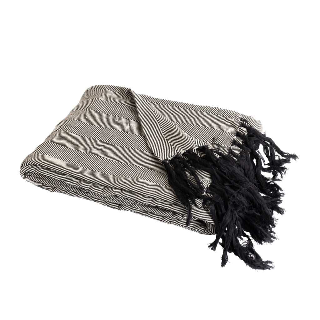 100% cotone plaid nero con frange 130x170cm ZIGGY