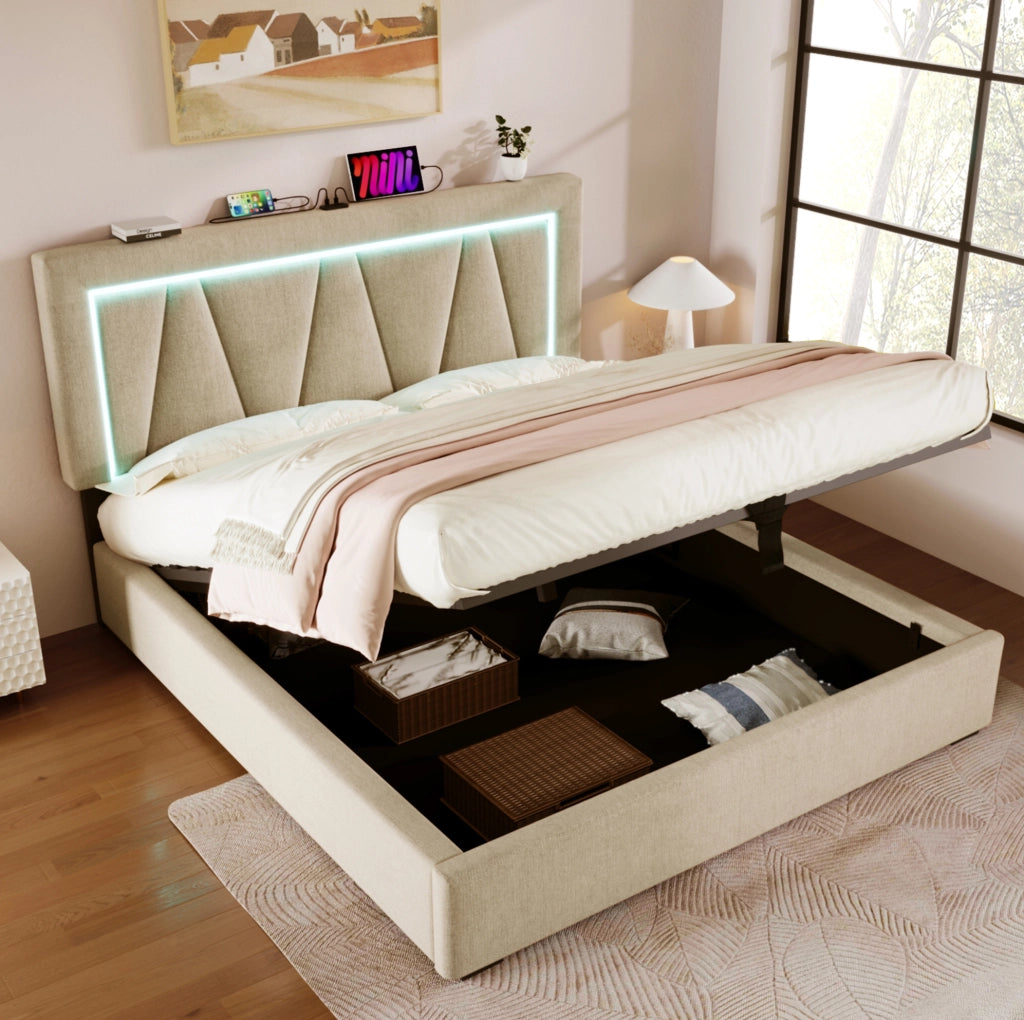 Bettgestell 140x200 cm in Leinen Beige con LED; USB e Type-C; testiera regolabile e contenitore