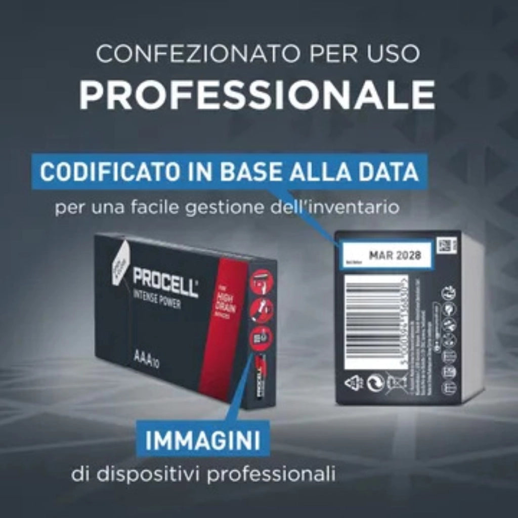 Batterie AAA Procell Intense Alcaline Professionali Confezione da 10 Pezzi Alta Durata per Dispositivi ad Alto Consumo