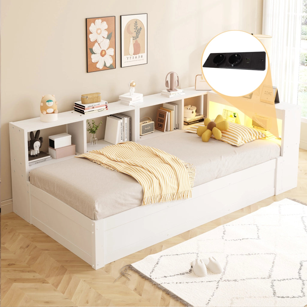 LETTO Multifunzione 90x200 cm Bianco con LED e prese integrate