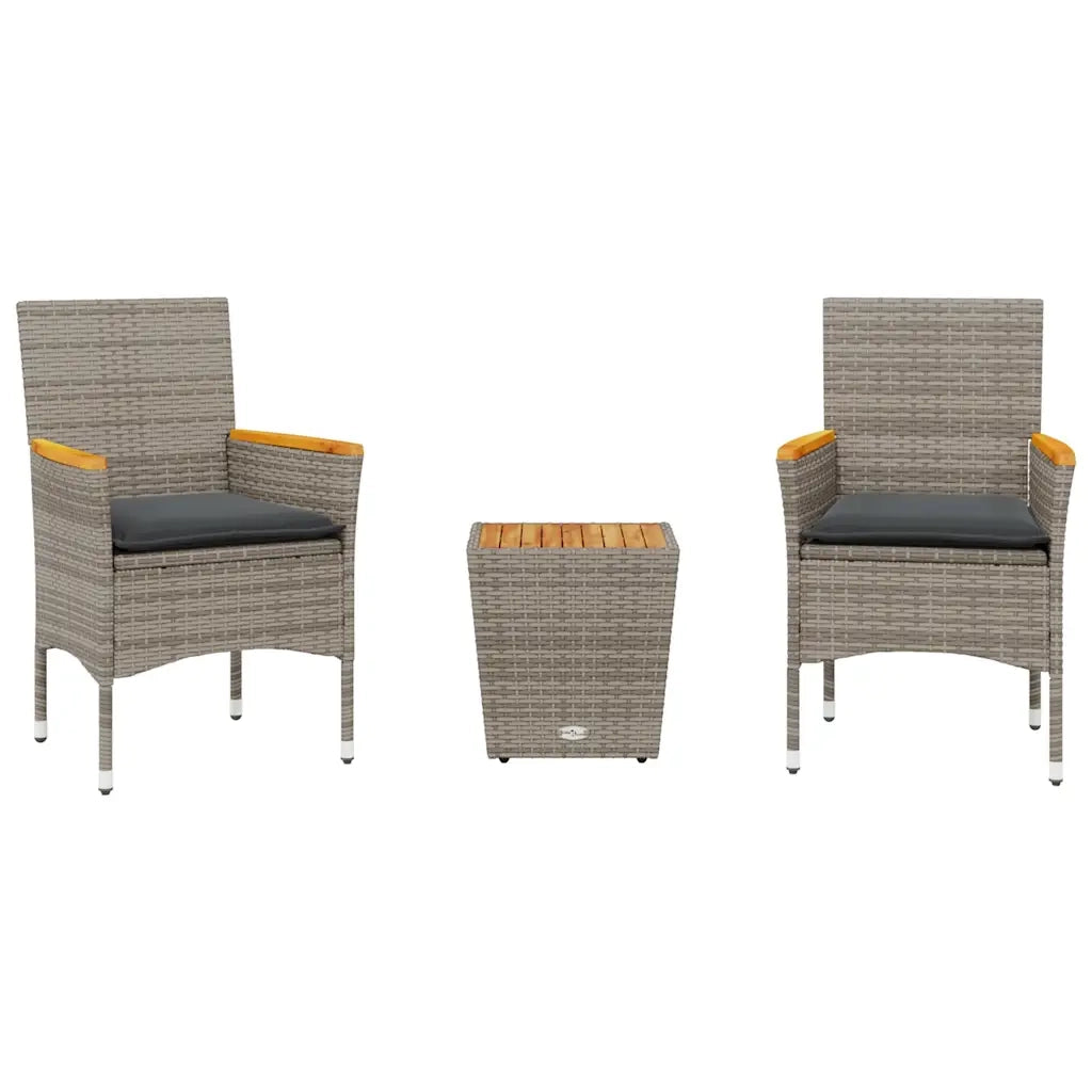 Set da Bistrò 3 pz con Cuscini Grigio Polyrattan e Vetro