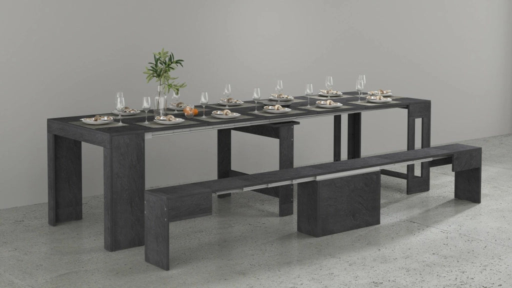 Set tavolo e sedie Badesi, Composizione multiuso, Set con consolle e 1 panca allungabili, 100% Made in Italy, 66x25h45 cm, Ardesia
