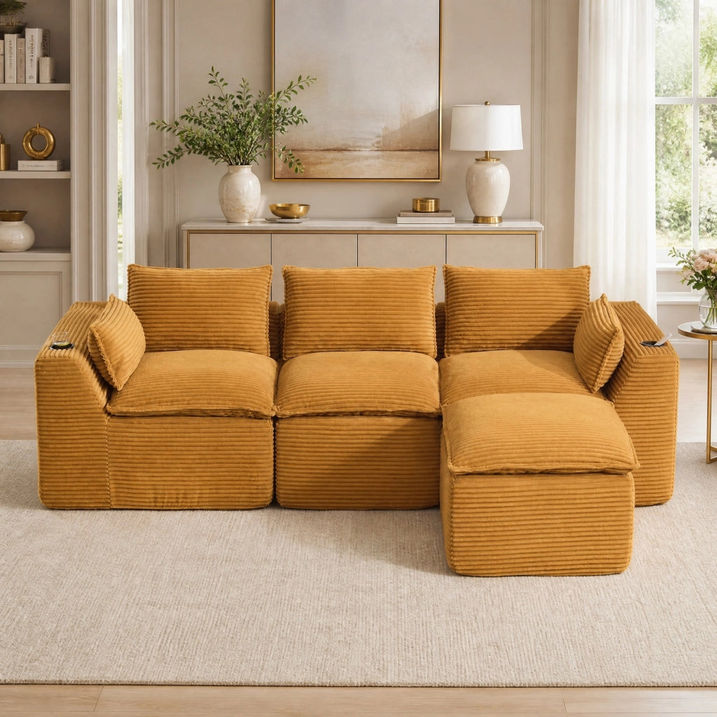 Divano modulare 3 posti con pouf; tasche laterali e cuscini; in corduroy arancione 256x161x75 cm