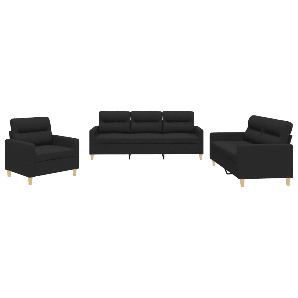 Set di Divani 3 pz con Cuscini Nero in Tessuto