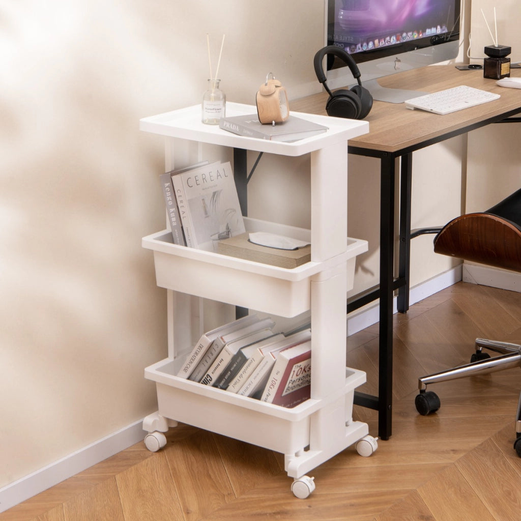 Carrello a 3 piani con piano d'appoggio, Carrello portaoggetti con ruote bloccabili per cucina bagno ufficio Bianco