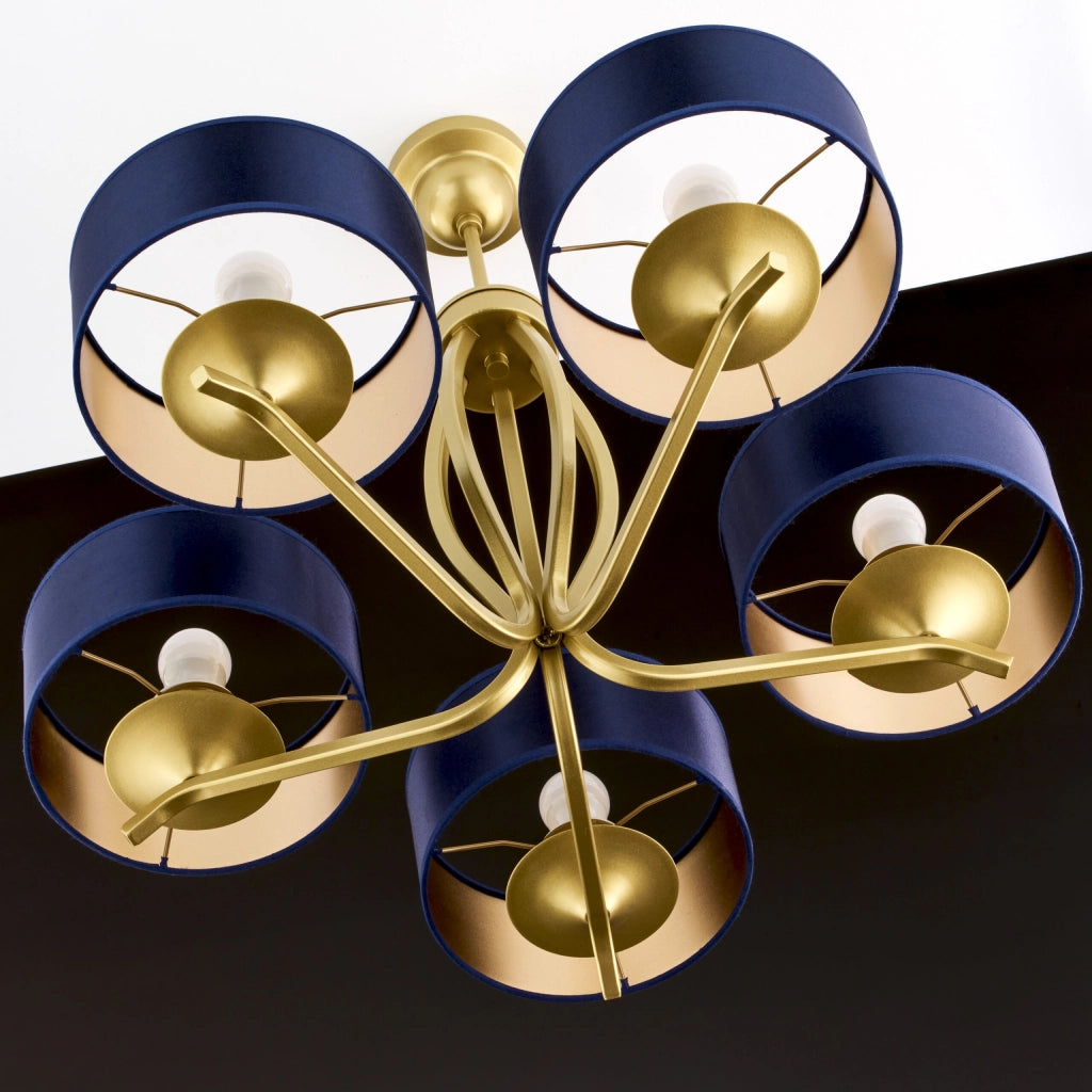 Lampadario classico oro 5 luci paralumi blu E27 Jupiter