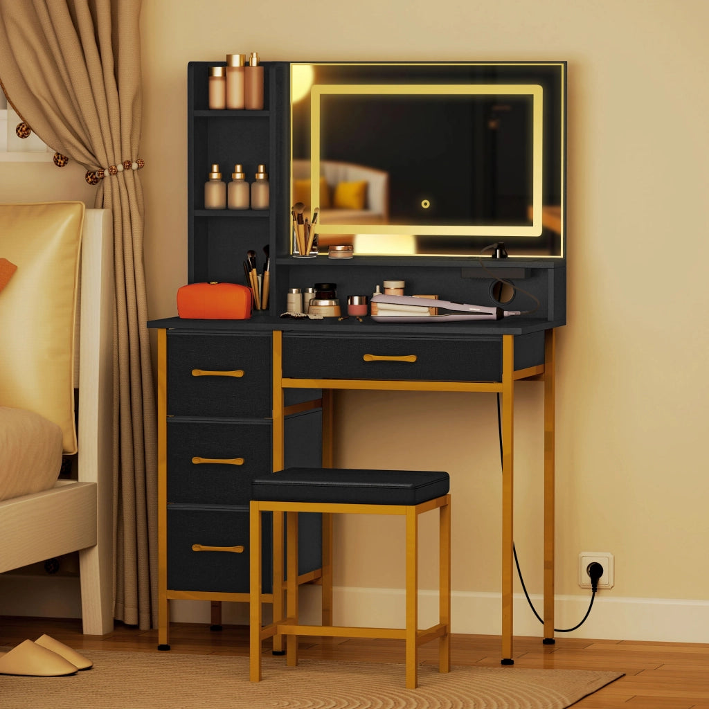 Cassettiera Trucco con Specchio e Luci LED ¨C Minimal ¨C Nero