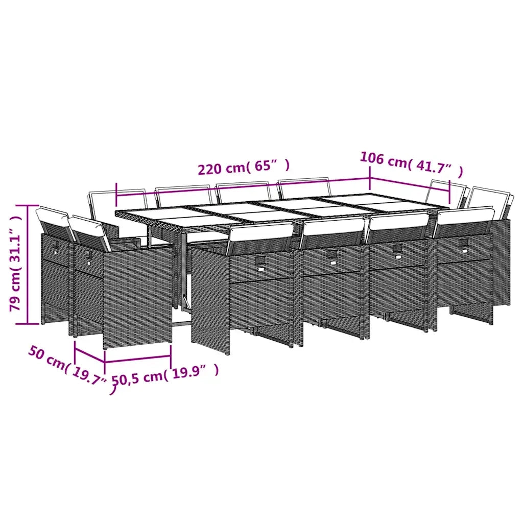 Set da Pranzo da Giardino 13pz con Cuscini Nero in Polyrattan 3277806