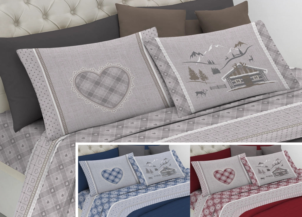 Completo Lenzuola Letto Pensieri Delicati 100% Cotone Dis.Chalet - Singolo - Rosso