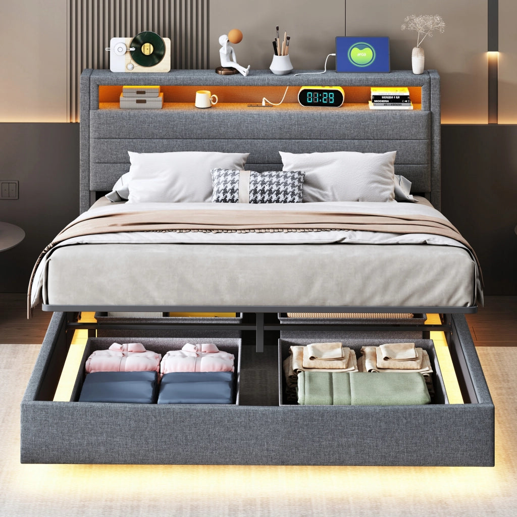 Letto imbottito 140x200 - Xylo - Grigio, struttura idraulica, LED, USB