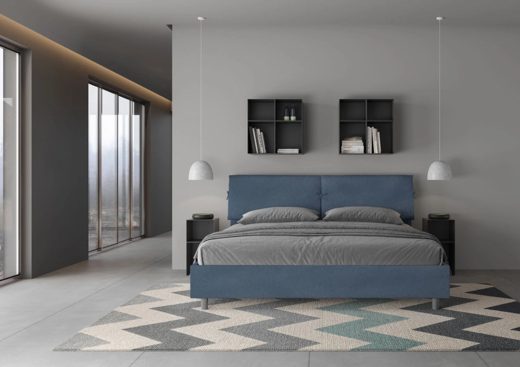 BS COM Letto matrimoniale king size senza rete imbottito 180x200 microfibra blu