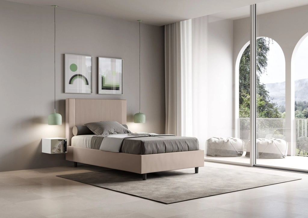 BS COM Letto una piazza e mezza con rete imbottito 130x190 similpelle tortora