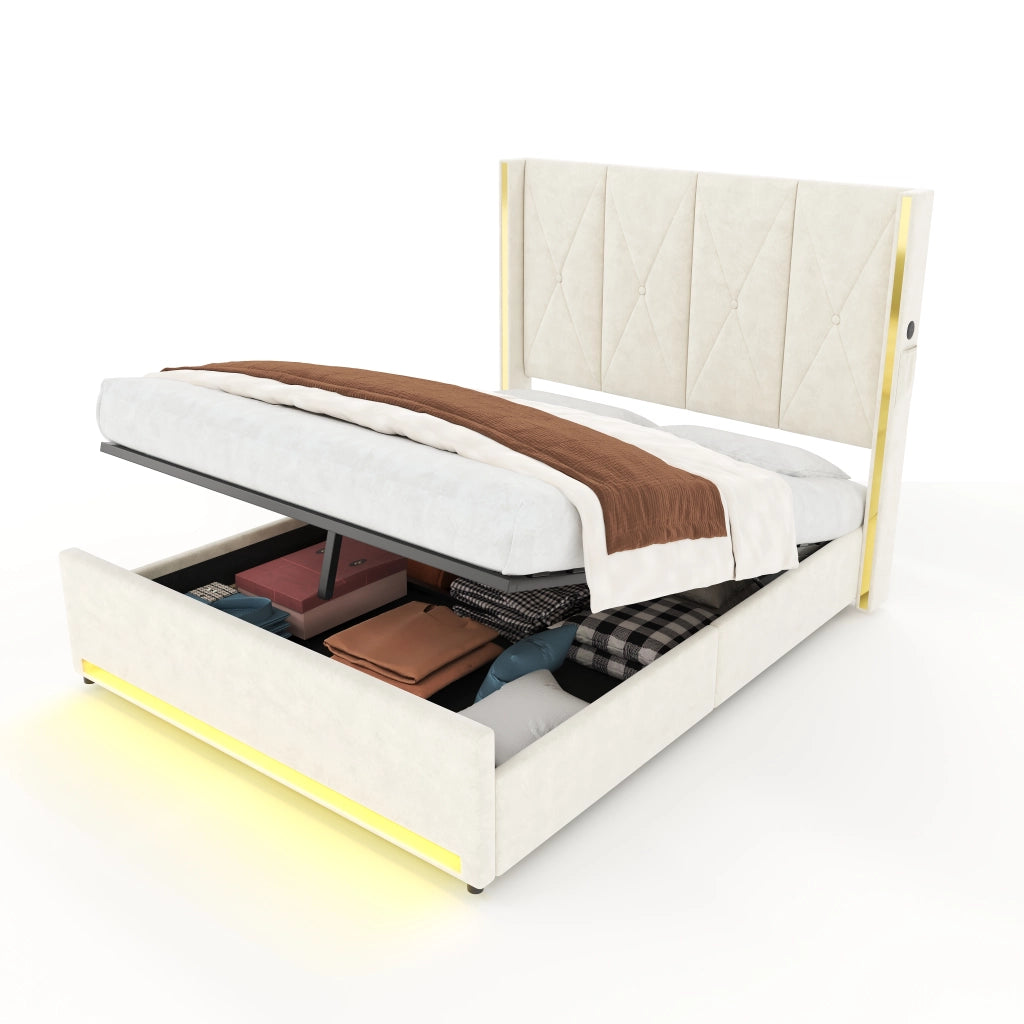 Letto Contenitore Imbottito con LED, USB e Sistema Idraulico ¨C MINIMAL ¨C Velluto, 160x200