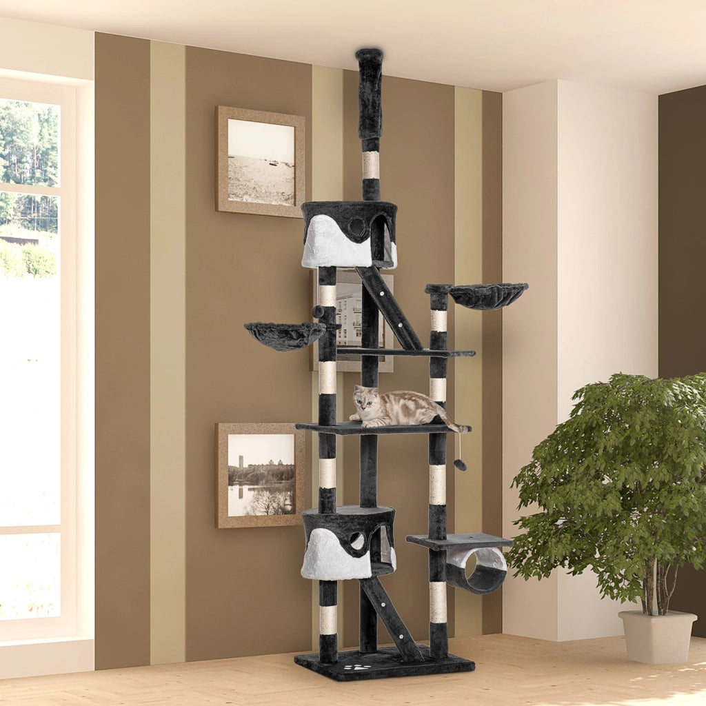 Albero Tiragraffi per Gatti Multilivello con Cucce e Amache ¨C Minimal ¨C Grigio Scuro e Bianco